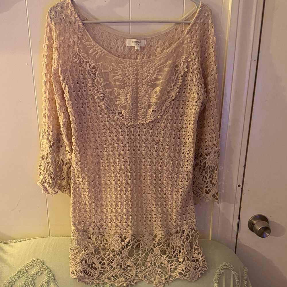 Umgee Beige Crochet Lace Tunic with Floral Accents
